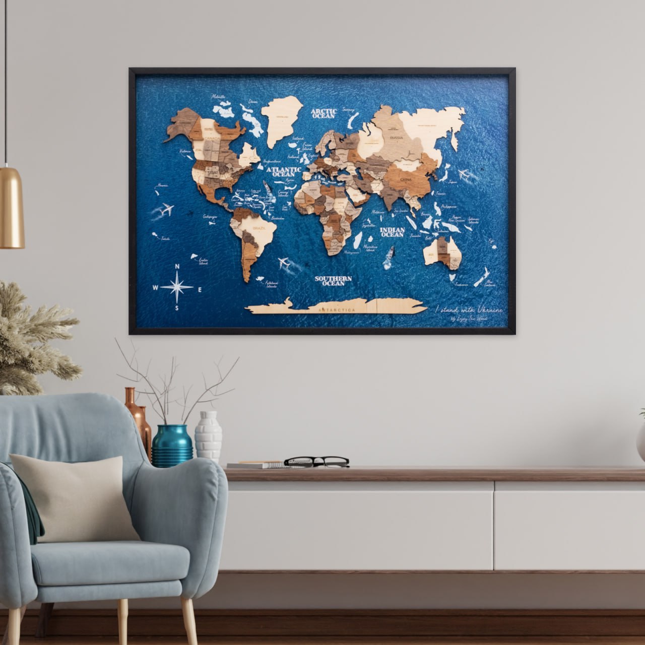 3D Wooden Map on Board Multicolor, Burgundy