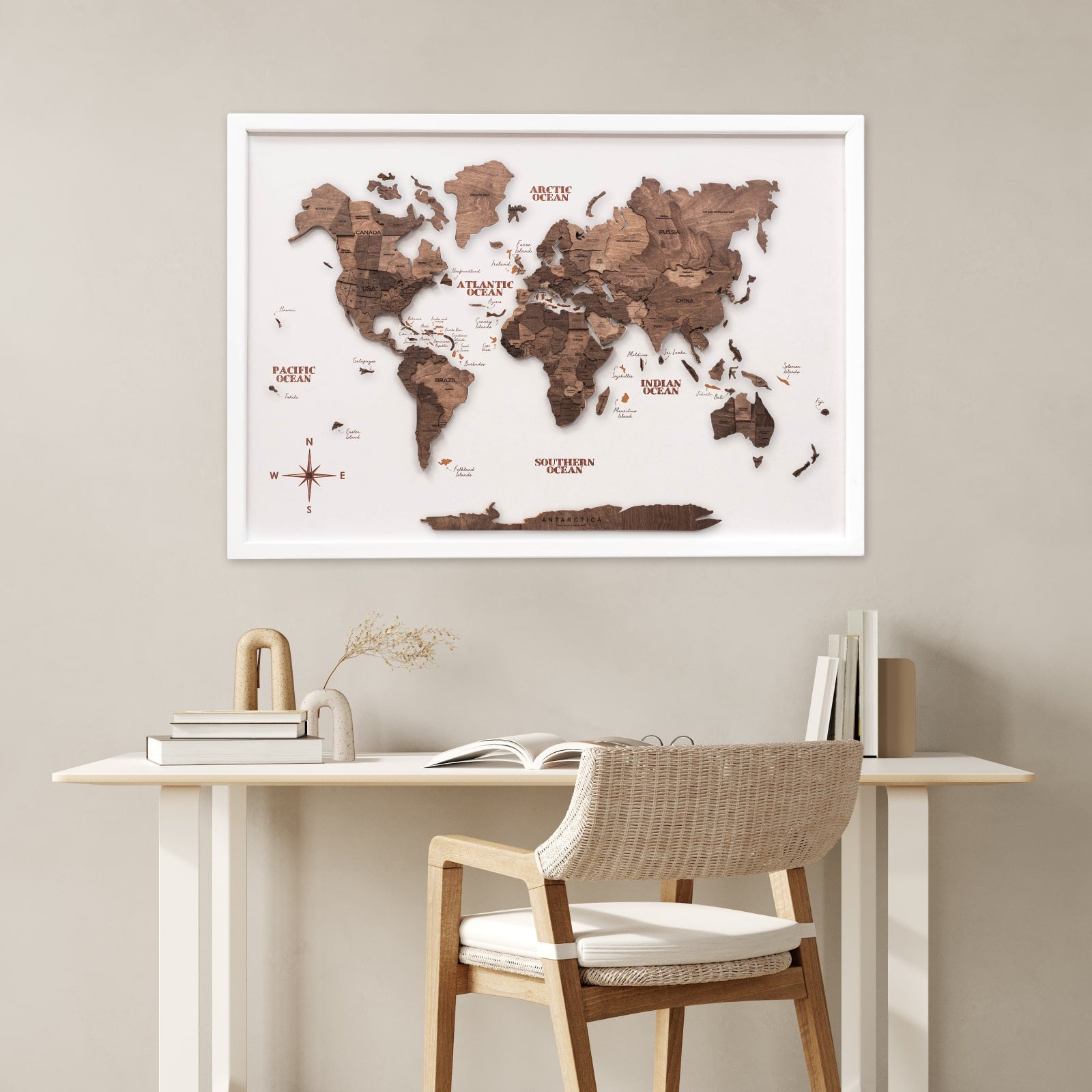 3D Wooden Panel World Map, Dark Walnut