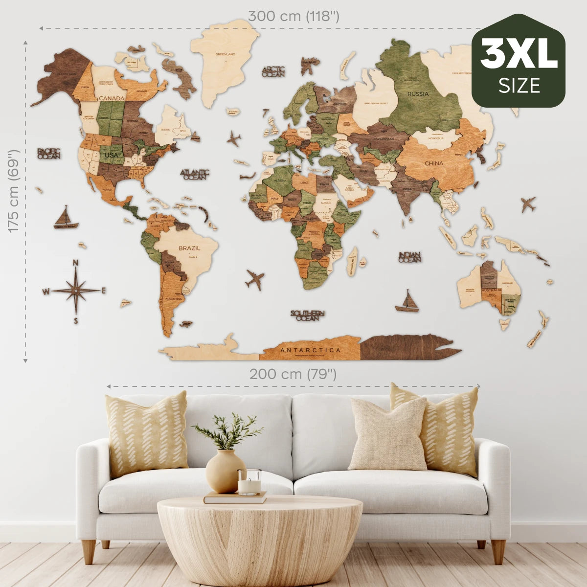 3D Wooden World Map Aqua