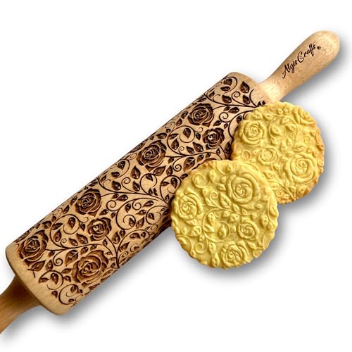 Algis Crafts - Embossed Rolling Pin for Baking Accessories with Laser Engraved Design Damascus Roses - Beautifully Handmade Pattern Rolling Pin - Decorative Rolling Pins to Make Unique Bakes