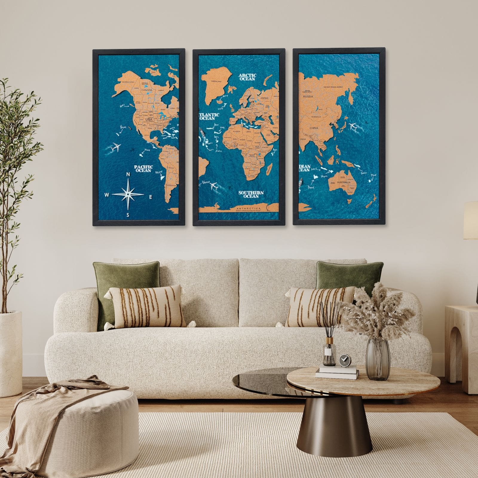 Cork world map triptych, White