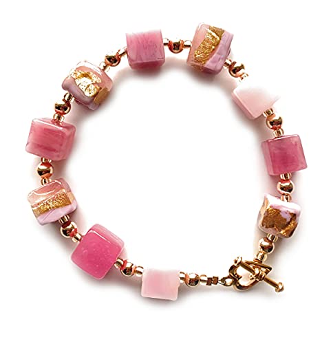 Diana Ingram Pink and Gold Murano Cube Bracelet