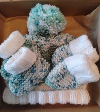 Hand-Knitted Baby Hat, Mittens and Booties Set