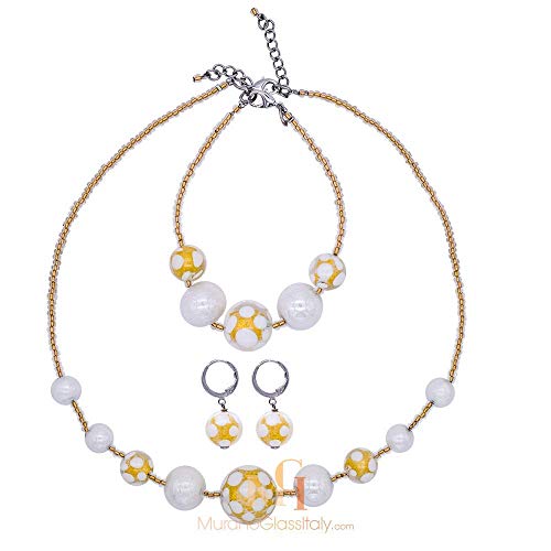Handmade Italian Glass White Jewellery Set with 24 Karat Gold