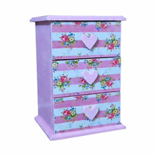 Handmade Wooden Floral Jewellery Box Organiser, 3 Drawer Rectangle, Pink Purple