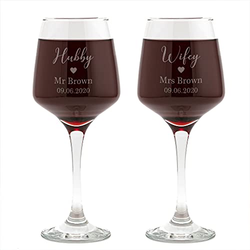Hubby and Wifey Glasses - Personalised Gifts for Husband Wife Birthday Anniversary - Engraved Wine Goblets Pair