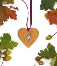 Oak Heart Ornament with Puffin Pewter Motif Handmade Wooden Decoration Mum Gift