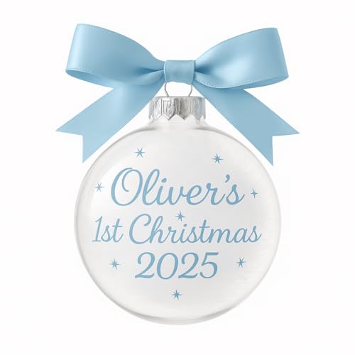 Personalised Baby’s First Christmas Bauble – 8 cm Handmade Glass Ornament with Custom Name, Bow & Feather Options | Baby Boy or Girl Keepsake
