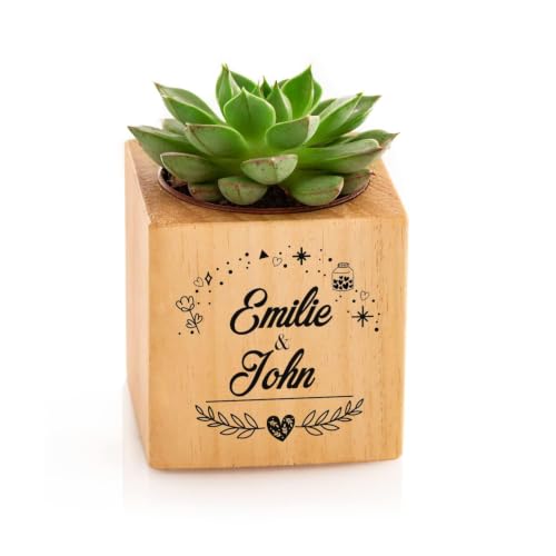 Personalised Succulent Planter, 7x7 cm Wood Cube, Names and Heart Engraved