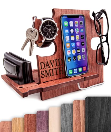 Personalised Wood Phone Docking Station Father's Day Gifts for Men Phone Holder Wallet and Key Nightstand Organiser Key Stand Presents for Dad (DEEP BROWN)