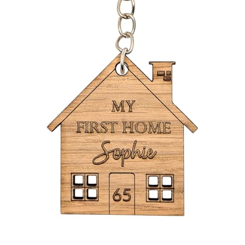 Personalised Wooden Keyring Set – Our First Home Gift – Custom Names & House Number – New Home Keyrings for Couples – Housewarming Present (My First Home)