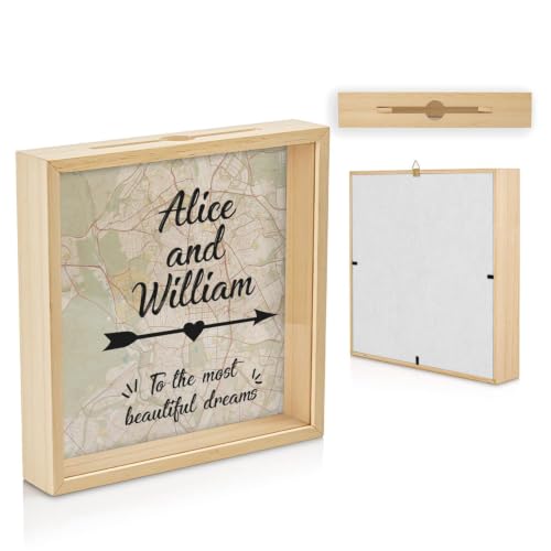 Personalised Wooden Money Box, Acrylic Front, Dream Savings Engraved