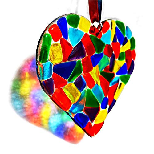 Rainbow Heart Suncatcher Handmade Fused Glass Decoration for Window, Home and Garden