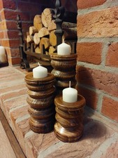 Set Of Three Wooden Hand Turned Candle Sticks With Candles