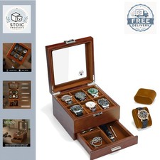 Watch Storage Box with 6 Slots, Glass Lid, Handmade Wooden Organizer for Watches