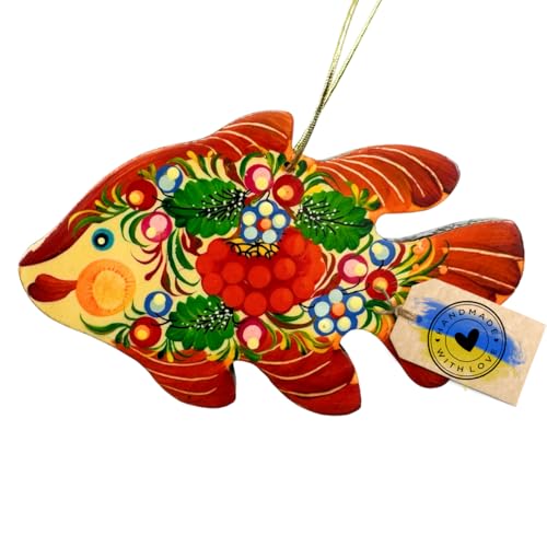 Wooden Fish Christmas Ornament, Hand-Painted Petrykivka Folk Art